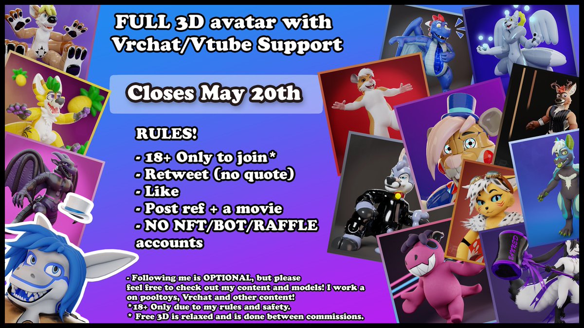 🔔FREE AVATAR RAFFLE!🔔

Looking for a FULLY VRChat avatar, for FREE?!

🔁Retweet
👍Like
⚠️Read the terms (Below)
🎦comment a Movie
🖥️Post your SFW ref!

No need to follow, but it helps support! 😭
This be in free time, so between work!

Can't wait? OPEN NOW!! 🤯🤯
(Link below)