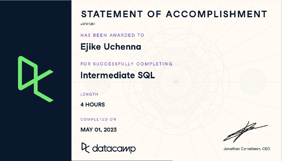 iam_Uchenna's tweet image. Day 1 of May SQL Challenge

I just completed an intermediate SQL course on @DataCamp and I&apos;m excited to share some of the key concepts I learned! While the course covered a wide range of topics, I didn&apos;t have a chance to dive into windows functions and subqueries.  #31DaysofSQL