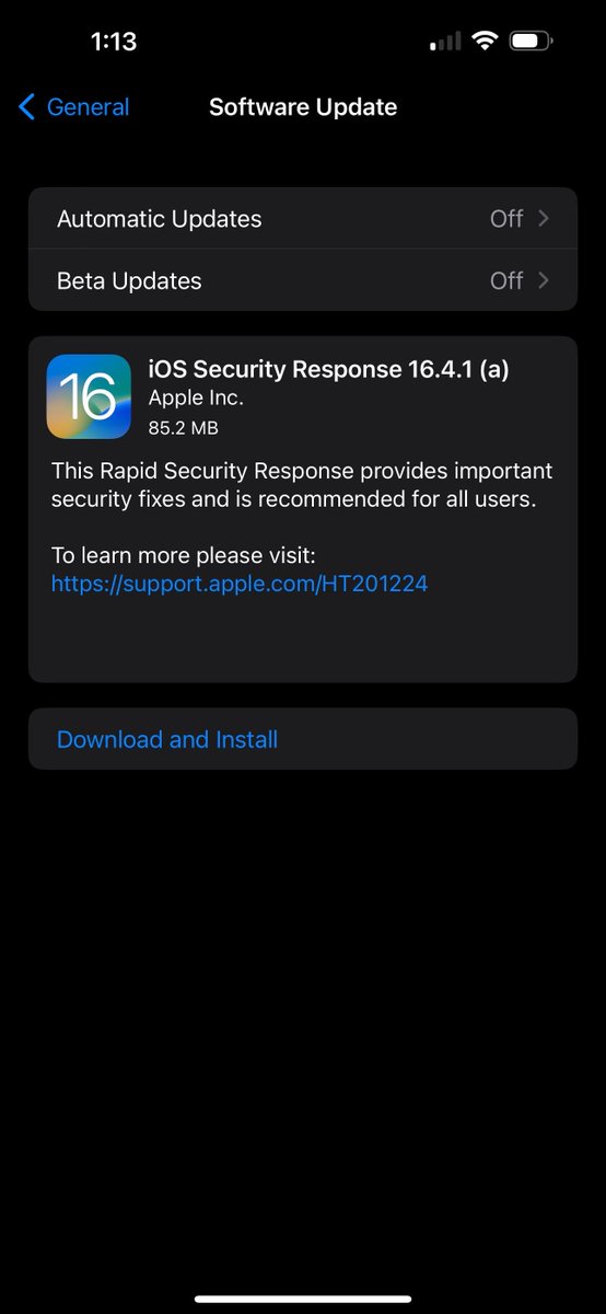 iSWUpdates's tweet image. iOS 16.4.1 (a) Security Response is out

(Screenshot by @zollotech)
