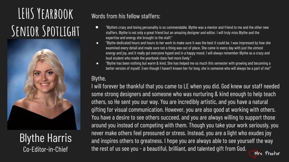 Today’s spotlight is on sweet Blythe, our co-editor-in-chief!