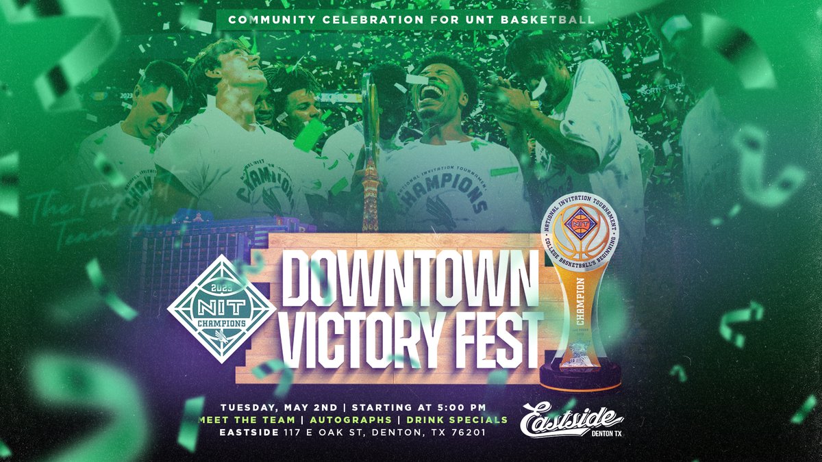 MeanGreenSports's tweet image. TOMORROW IS THE DAY.

🕔 5 p.m. CT
📍 @eastsidedenton

Celebrate a historic season for @MeanGreenMBB at the Downtown Victory Fest!

➡️ northtex.as/VictoryFest 

#GMG 🟢🦅