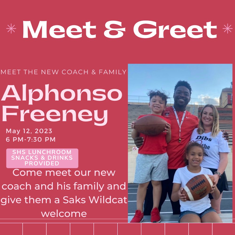SHS Community,  please join us Friday May 12th at 6pm in welcoming <a href="/AlphonsoFreeney/">Coach  Freeney</a> and family!