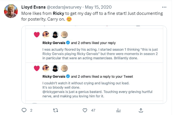 #Lloydgate 

Ricky Gervais liked an appreciative tweet.  What a legacy!  Document this for posterity!  

But don't document what Lloyd Evans has done to his family for years.  His girls should only know that a comedian liked their father's ass kissing tweet in 2022. https://t.co/yJ0uL9yUxR