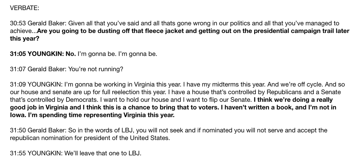 NEW TODAY: Virginia Governor Glenn Youngkin responds 'No' to a question at a @MilkenInstitute event about whether he is going to 'be dusting off that fleece jacket and getting out on the presidential campaign trail later this year.'