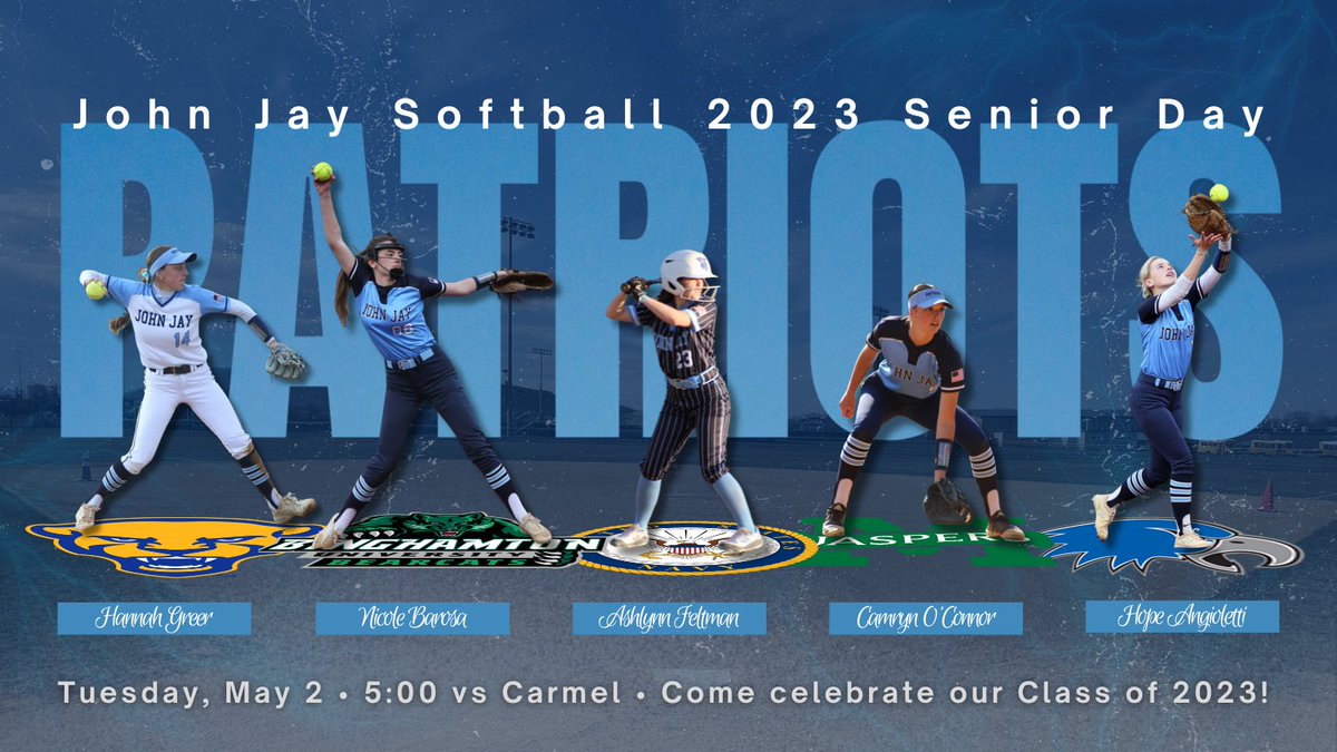 JjhsSoftball's tweet photo. 🚨 TOMORROW 🚨

Come out to the John Jay Softball field tomorrow afternoon as we celebrate our 5 seniors. The senior ceremony will be at 5:15 PM, game vs Carmel at 5:30 PM

We are so proud of our Class of 2023! Thank you for all that you’ve given to this program 💙🥎 https://t.co/gTOL6PZwjT