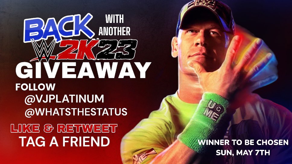 WhatsTheStatus's tweet photo. NEW #WWE2K23 Giveaway Alert  

★Follow @Vjplatinum
★Follow @WhatsTheStatus
★Like & RT This Tweet 
★Tag a Friend 

★Winners will be chosen May 7th!

GOOD LUCK!