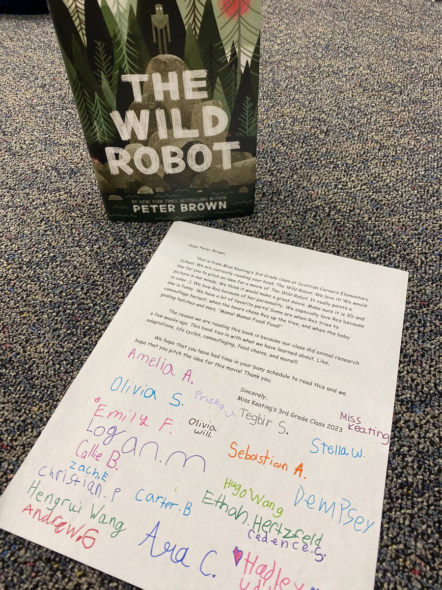 Our class is in the middle of “The Wild Robot” written by <a href="/itspeterbrown/">peter brown!</a> and we have fallen in love with it! We wrote him a letter and it will be in the mail soon. We are hoping there is a movie made about it 🎬🤖