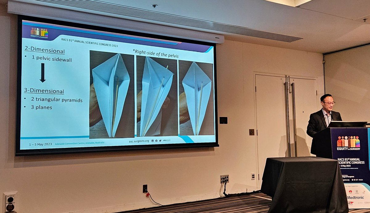 Dr James Ngu delivers incredible technical talk on Lateral Pelvic Node Dissection for rectal cancer, complete with origami anatomy lesson! #RACS23