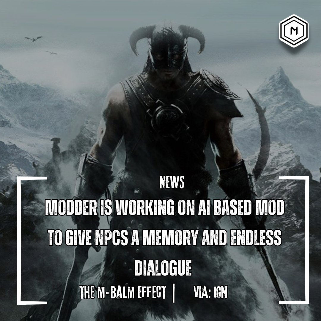 TheMBalmEffect's tweet photo. A video game modder who goes by the name "Art From The Machine" is using AI tools such as ChatGPT and other various tools to give NPCs literally a mind of their own and an endless dialogue. They're also working on a way to ask them question using the players actual voice.
#ai https://t.co/6Gl5FZ4kqr