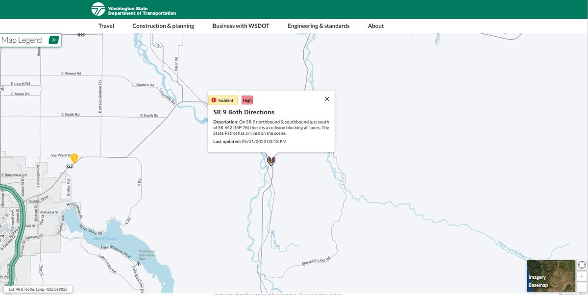 wsdot_north's tweet image. SR 9 just south of SR 542 (MP 78) in #WhatcomCounty is fully blocked NB &amp;amp; SB for a collision. 

State Patrol is at the scene and our Incident Response Team is enoute to the scene. Please avoid the area, this closure could take a while to clear.
