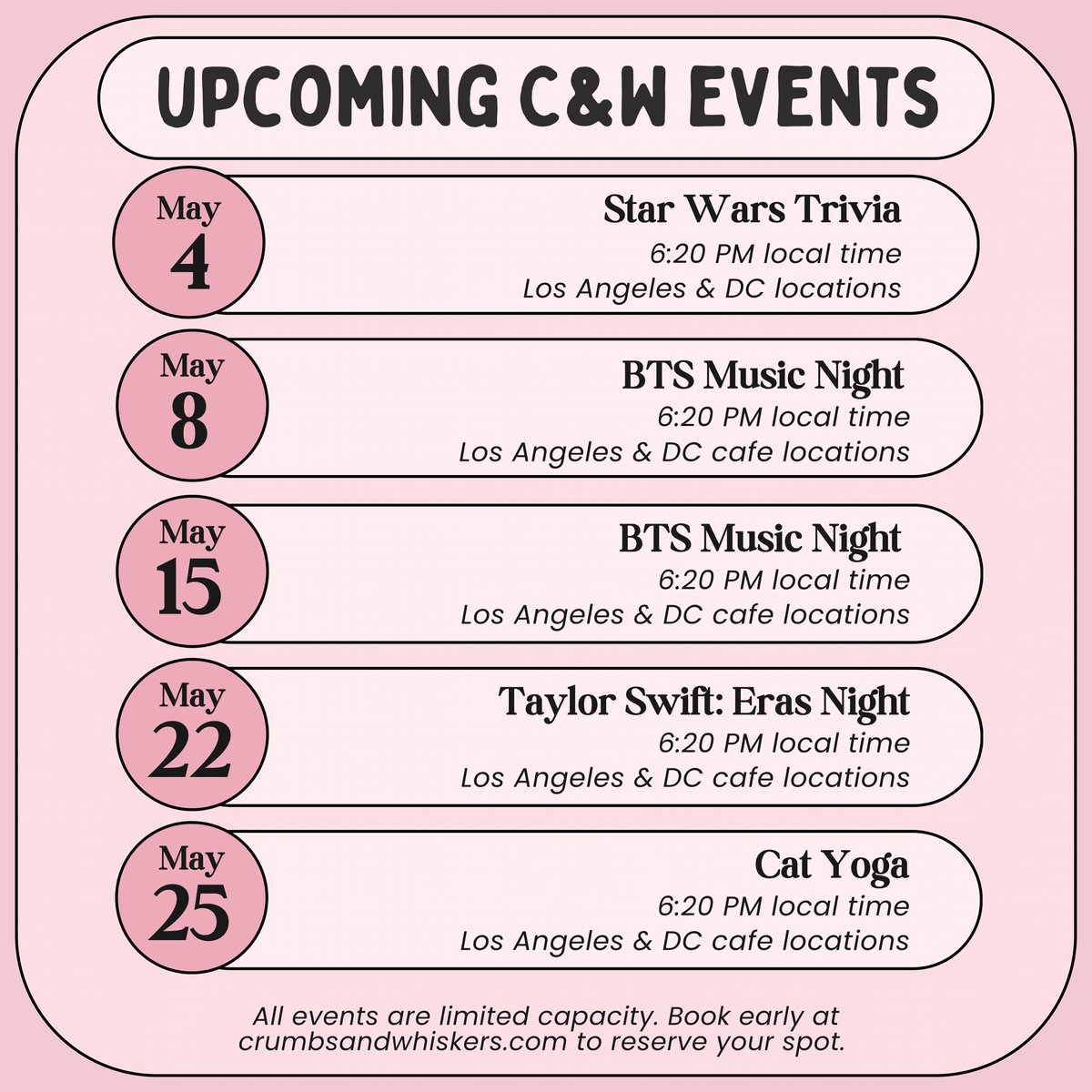 We have a ton of fun events coming up in May &amp; you’re invited! 🌸😸

Follow the link to book an event, our kitties can’t wait to meet you! crumbsandwhiskers.com