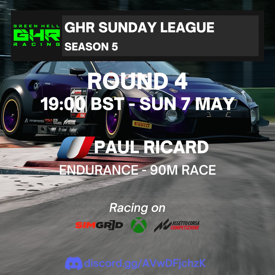Get ready for an epic race day this Sunday at 18:20 BST with the GHR Official Leagues Race ! 

Season 5 Round 4 take place at the legendary Paul Ricard track, where drivers will compete in an exhilarating 90-minute endurance race.

Sign up here: thesimgrid.com/championships/…