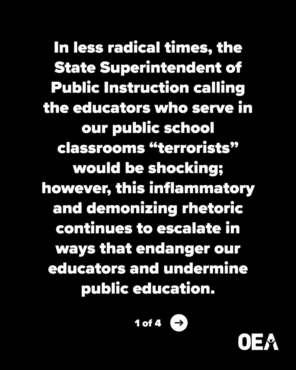okea's tweet photo. OEA's official response to the State Superintendent's "terrorist" comment. 

"Unprofessional attacks on these educators is not a strategy to improve outcomes for Oklahoma children." #oklaed https://t.co/ZcufZE1A8T