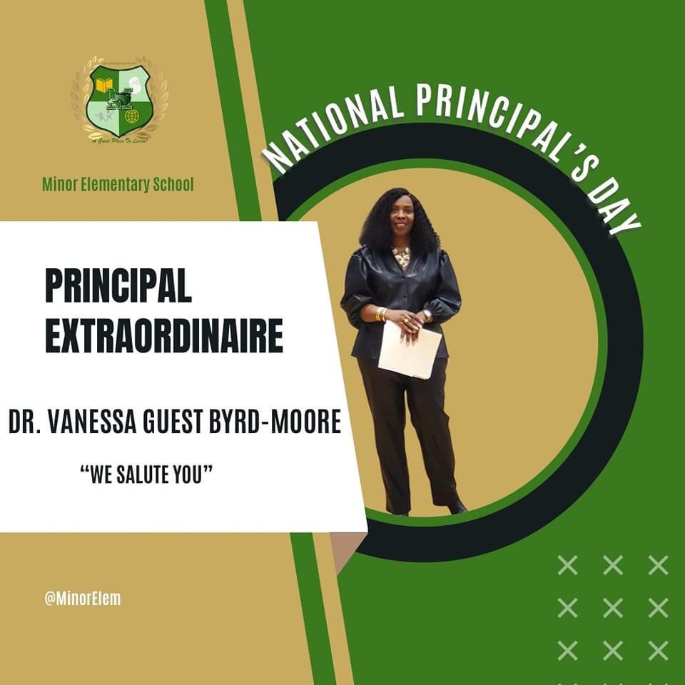 Minor_Mustangs's tweet photo. Happy National Principal's Day to the classiest of them all, our beautiful, fearless, and dynamic leader, Dr. Vanessa Guest Byrd-Moore! #MinorStrong 💛💚 https://t.co/0qres8uAR2