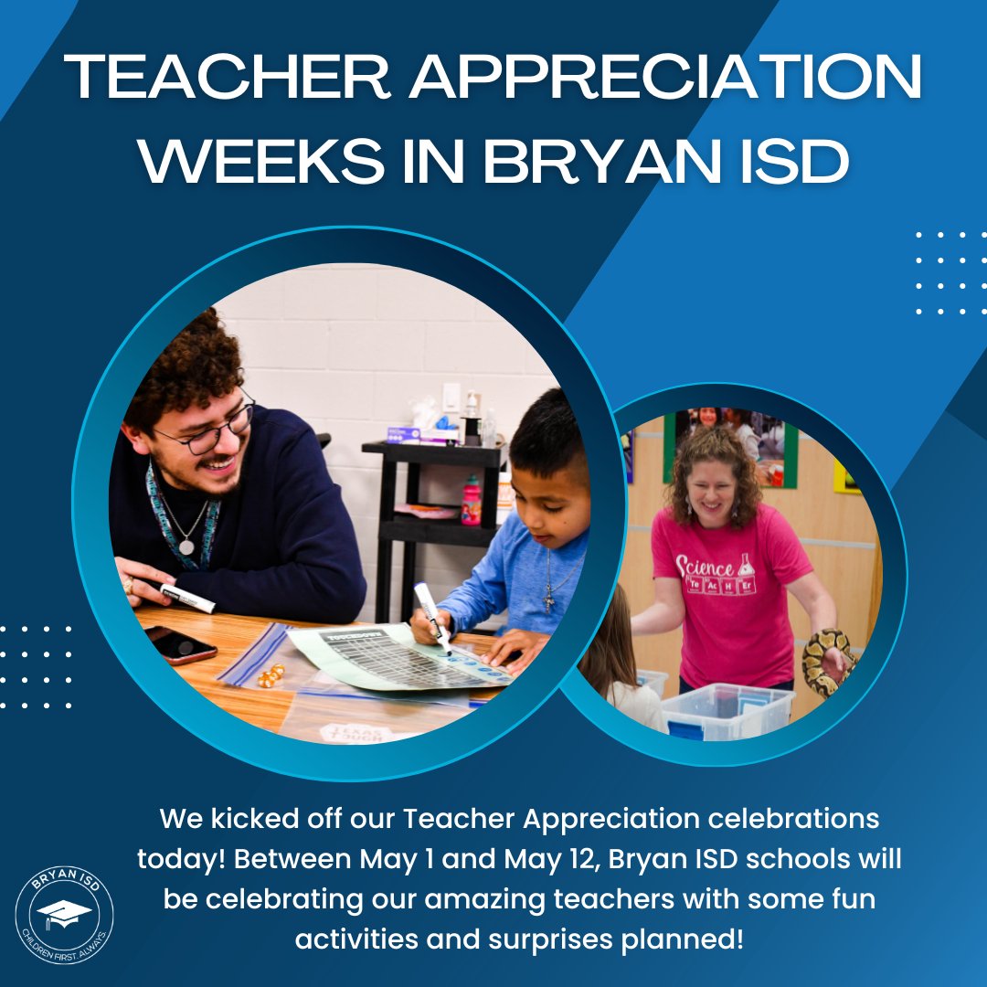 Every day is teacher appreciation in Bryan ISD, but we are having a few special celebrations over the next couple weeks! Between May 1 &amp; 12, our schools will be hosting fun activities &amp; surprises for our amazing teachers!

#BryanProud #BryanISD #TeacherAppreciationWeek