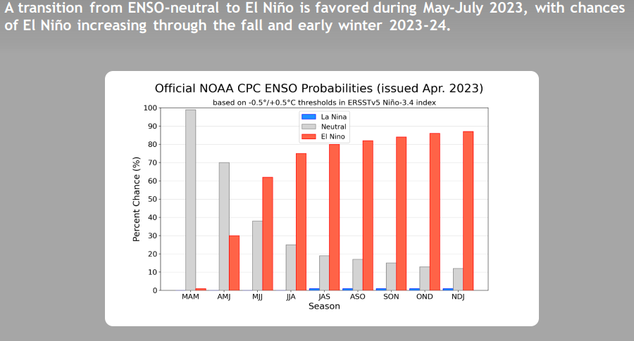 62% chance of El Nino in the next few months and an 80% chance of El Nino conditions by fall
