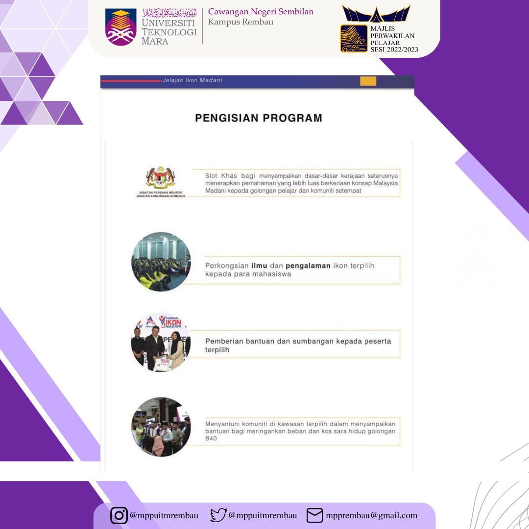 MPPUiTMREMBAU_'s tweet photo. Assalamualaikum wbt, 
Salam Sejahtera, 
Salam UiTM DiHatiku, 
Salam Malaysia MADANI. 
 
ISNIN | 1 MEI 2023 | PROGRAM  
 
PROGRAM TOWNHALL JELAJAH IKON MADANI https://t.co/TijSzpwrTU