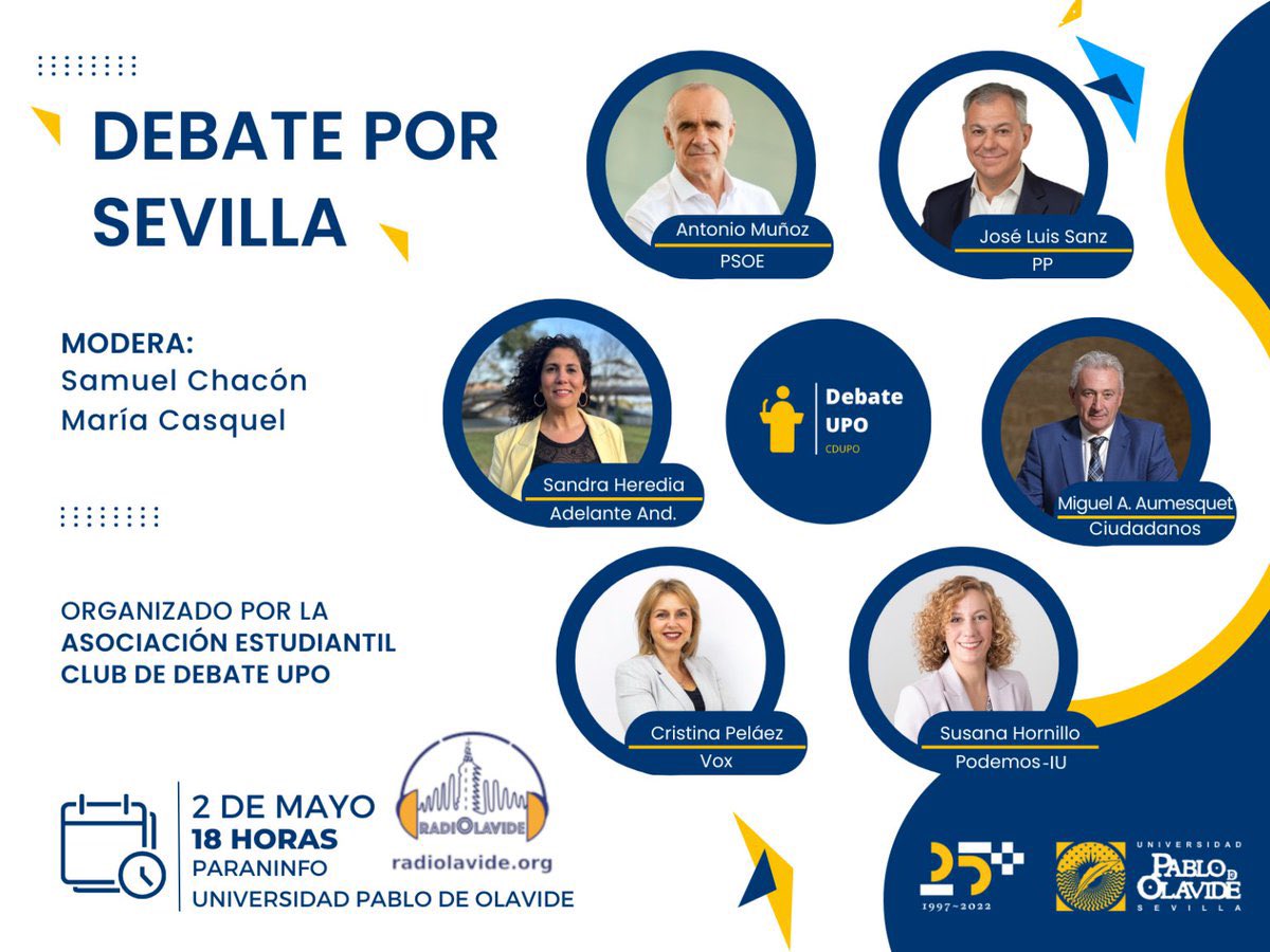 VOX_SevCapital's tweet photo. ‼️ Este martes 2, nuestra candidata @cristinapelaez participará en el debate electoral organizado por @clubdebateupo en la Universidad Pablo de Olavide

✅ Será una gran oportunidad para explicar a los jóvenes universitarios los planes de @vox_es como alternativa al bipartidismo. https://t.co/XpcoOFh2hA