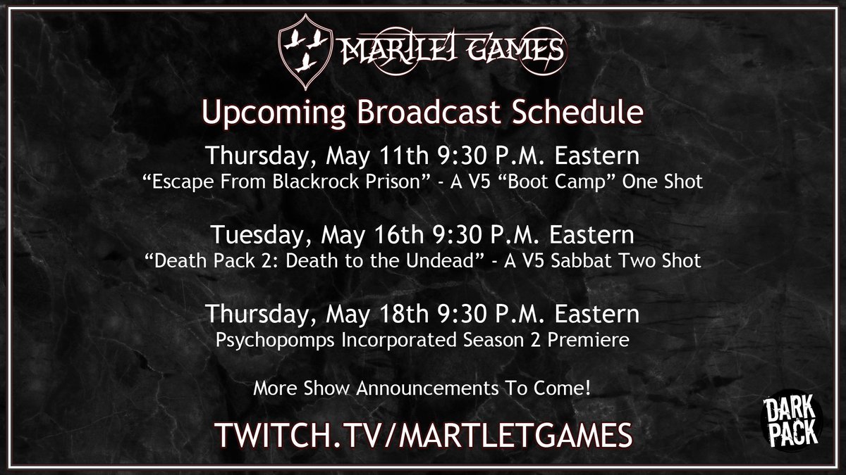 We're getting ready to turn the lights back on, folx! Thursday, May 11th will see @JustSMcLarty in her first go Storytelling V5, @DarthGenerico is bringing the Death Pack back on May 16, and our #HERcata in Psychopomps Incorporated return May 18!
twitch.tv/martletgames
#vamily