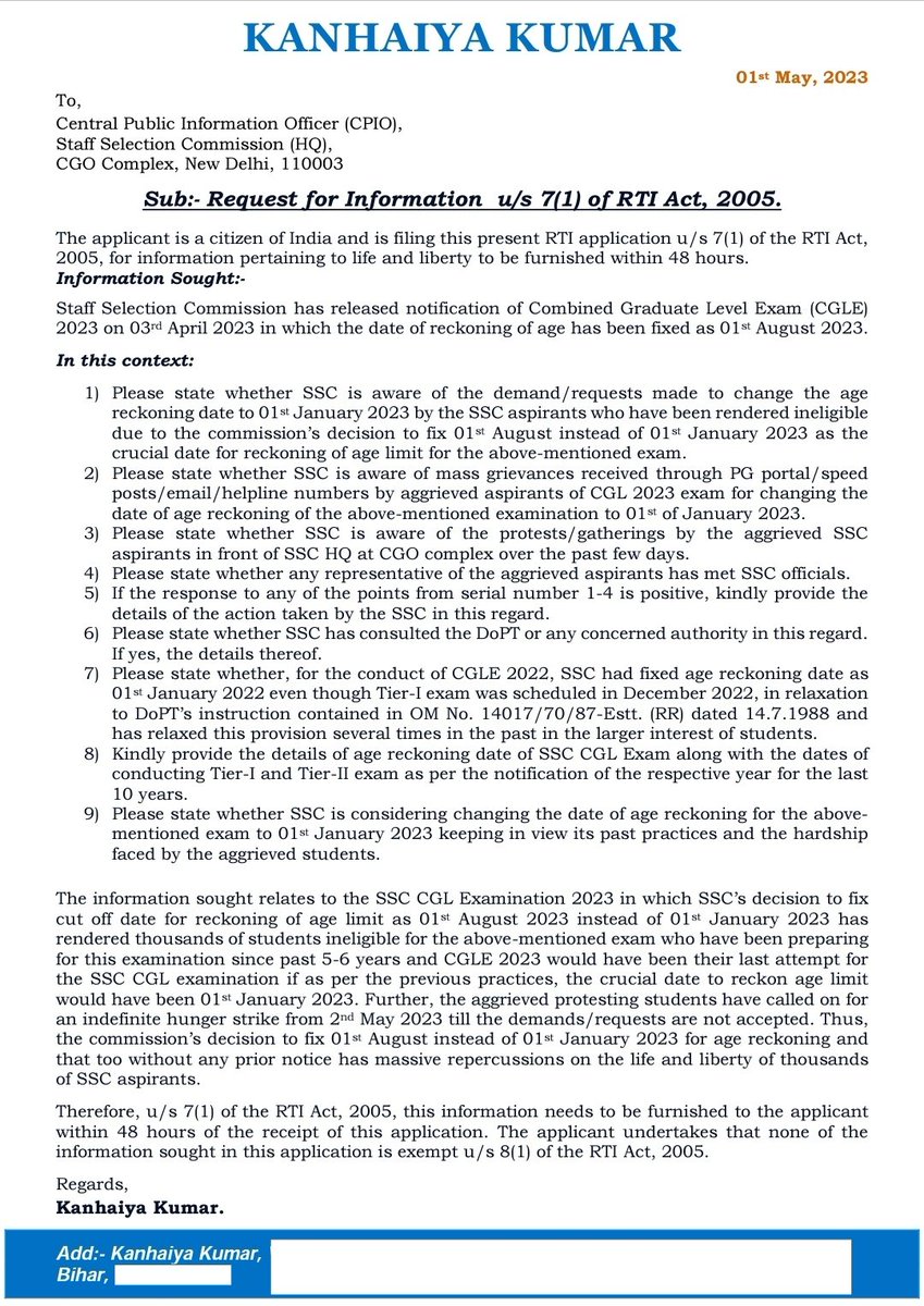 Future of thousands of SSC aspirants is at stake due to the #SSC_CGL_AGE_RECKONING issue.

Have filed an RTI u/s 7(1) regarding the matter. Under section 7(1) which pertains to life & liberty, SSC is bound to reply within 48 hrs from now. 
 #SSC_1JAN #SscHungerStrikePMHouse