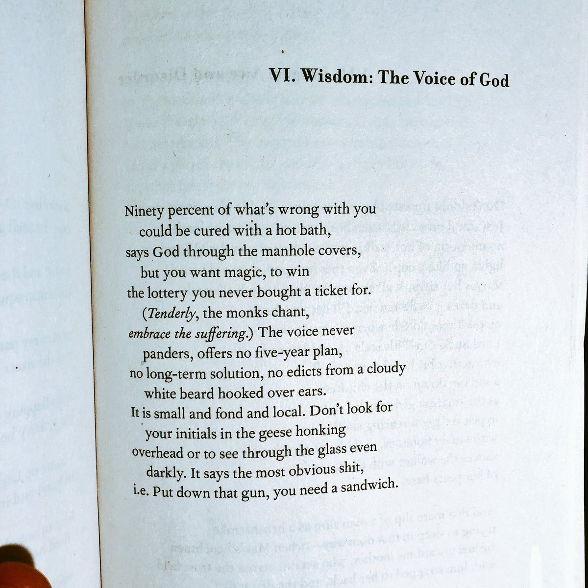 chxwanga's tweet photo. @Joseph_Fasano_ “The voice [of God] never panders, offers no five-year plan, no long-term solution, no edicts from a cloudy white beard hooked over ears. It is small and fond and local.” - Mary Karr https://t.co/Q3bJJ7ey0N