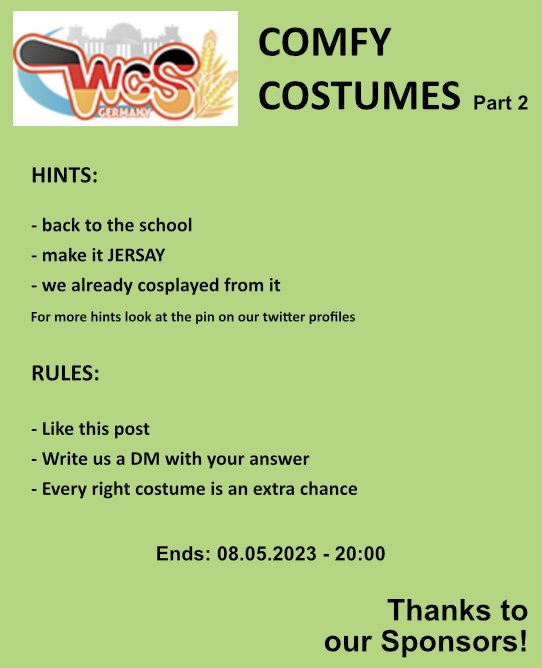 The 2nd Round!

Again you have to guess our Cosplays for #WCS 2023 to win prices!

Rules & everything is written in the pictures

All entrants from @NarakuCostumes & me are put together to draw the winner

Thanks so much to our sponsors
@animuc & @CohakuMagazin