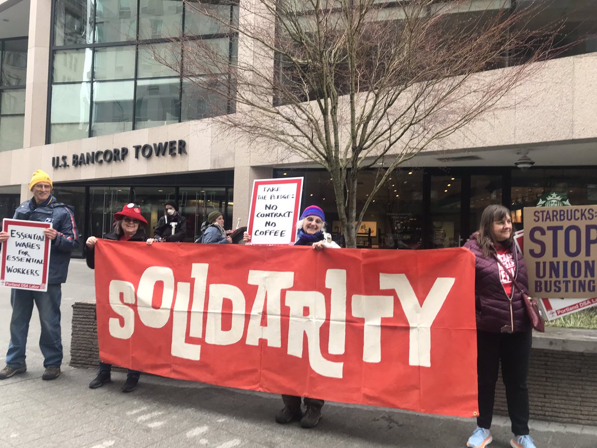 JwJpdx's tweet photo. BREAKING: Starbucks workers at PSU urban center just walked out - ON STRIKE - over an unfair labor practice! 

A partner got sent home for wearing their union shirt.

Bring signs, solidarity to 1742 SW 6th!

Happy May Day! ✊🏽✊🏾☕️
(photo from previous action) https://t.co/thmc6LTSCM