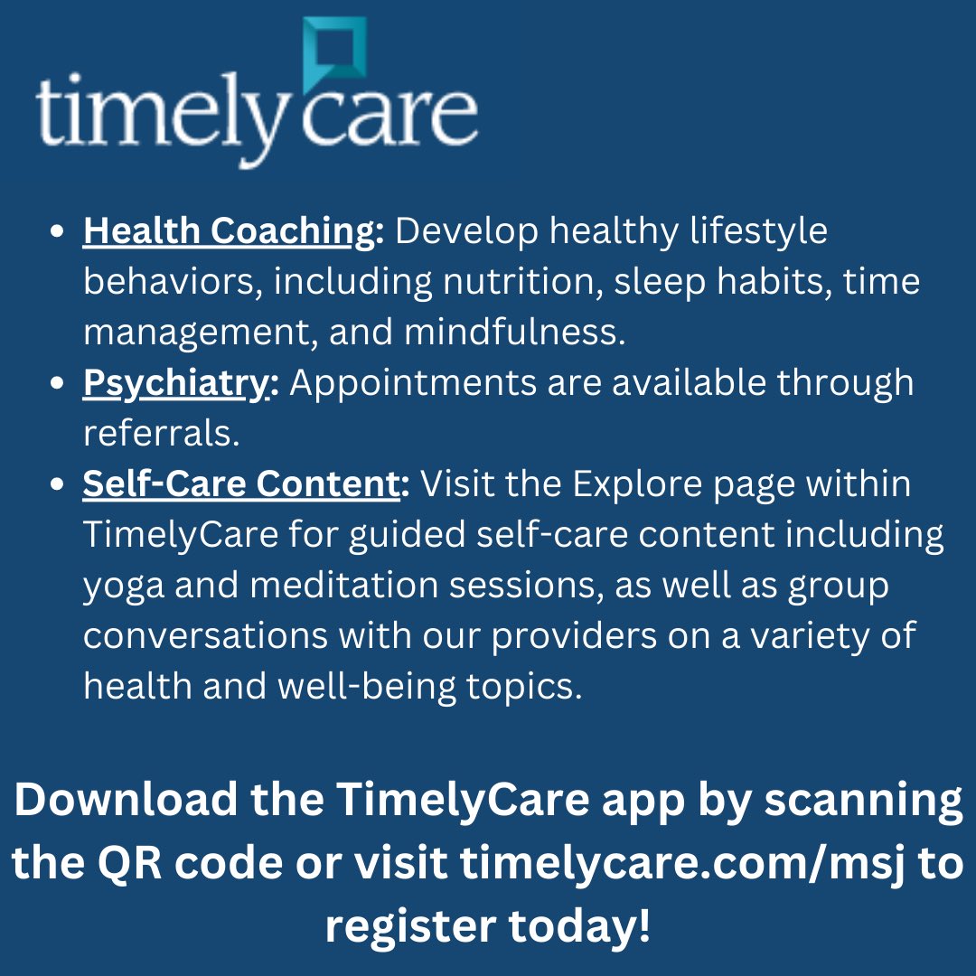 MSJ_ExSciHealth's tweet photo. Are you feeling stressed out or ill before exam week? Check out everything TimelyCare has to offer! https://t.co/3oAPoJGmI3