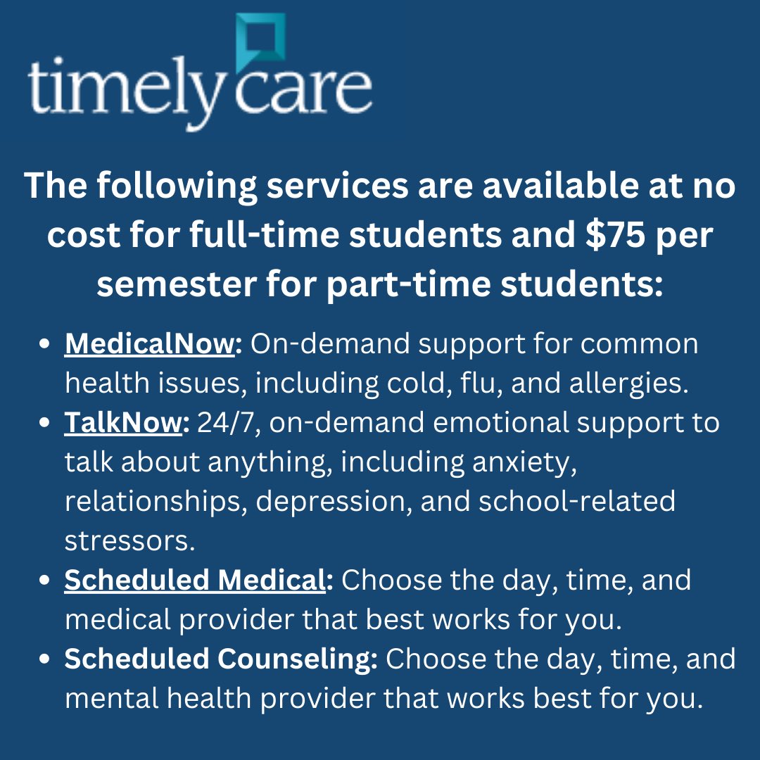 MSJ_ExSciHealth's tweet photo. Are you feeling stressed out or ill before exam week? Check out everything TimelyCare has to offer! https://t.co/3oAPoJGmI3