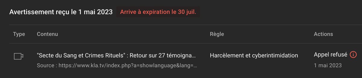 mk_polis's tweet photo. #censure YouTube supprime une vidéo contenant 27 témoignages sur des abus rituels #Pédosatanisme et bloque ma chaîne principale pour une semaine, raison invoquée : "Harcèlement et cyberintimidation" 🥸🙃 https://t.co/mAa6GKXHzC
