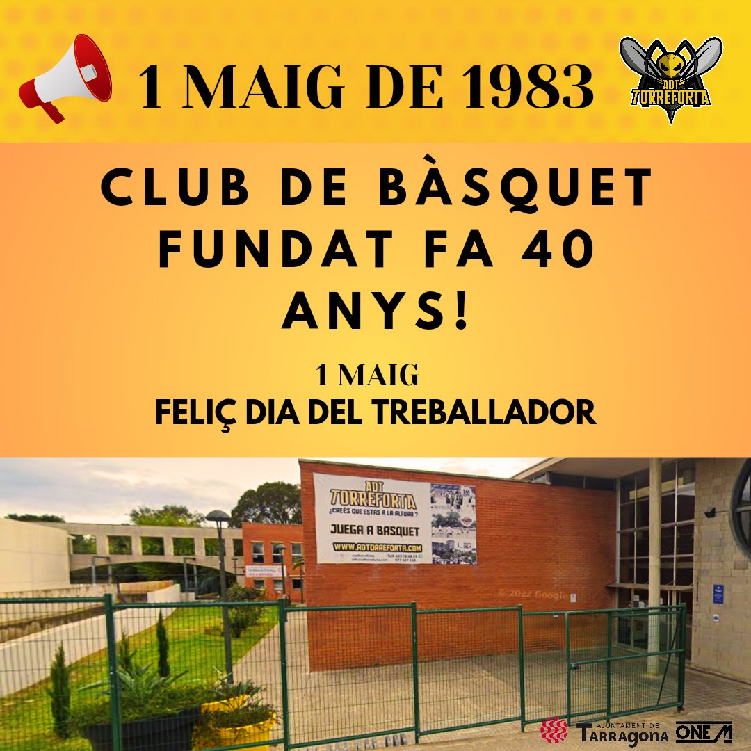 ☀️ Feliç dilluns 1 de Maig de 2023
🏀 El nostre Club, l'Associació Esportiva Torreforta (ADT) es va fundar en una pista construïda a la Plaça l'1 de Maig de 1983. Fa 40 anys 🎯. Feliç Aniversari! 🎉