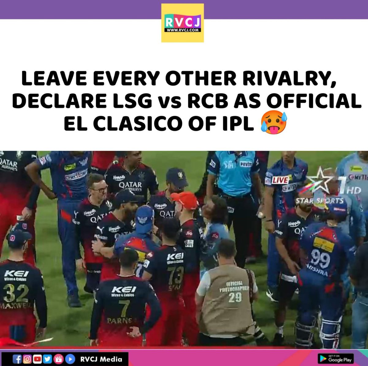 RVCJ_FB's tweet photo. Full El Clasico Vibe 🔥🔥
#IPL2023 #LSGvRCB https://t.co/X8bh0J9gdi
