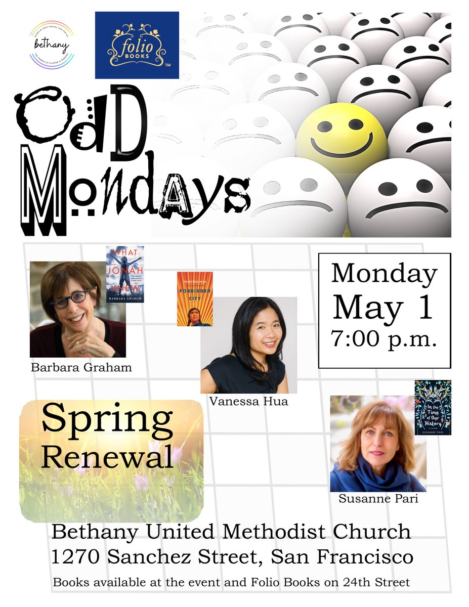 See you tonight (May 1) at 7pm in San Francisco! 3 novelists are reading: <a href="/barbaragraham/">Barbara Graham</a> from WHAT JONAH KNEW barbaragrahamauthor.com/books/what-jon…
<a href="/vanessa_hua/">Vanessa Hua</a> from FORBIDDEN CITY vanessahua.com/forbidden-city and @SusannePari from IN THE TIME OF OUR HISTORY susannepari.com