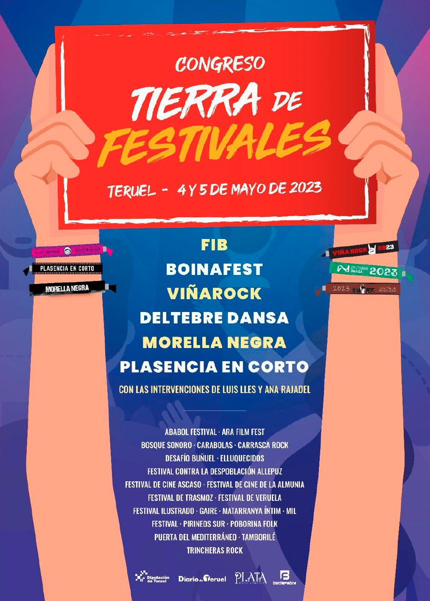 El 4 y 5 de mayo estaremos en el I Congreso "Tierra de Festivales" de <a href="/DPTeruel/">Diputación de Teruel - DPT</a>. 🥳

¡Gracias a <a href="/diariodeteruel/">Diario de Teruel</a> por la invitación!
Es un honor estar junto a grandes como el <a href="/fiberfib/">FIB Benicàssim Festival</a> o <a href="/VinaRockOficial/">ViñaRock</a> y pequeños como <a href="/Poborinafolk/">Poborina Folk</a> y muchos otros. #Músicacontraladespoblación