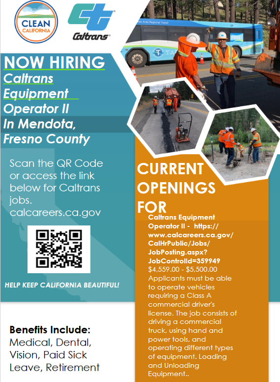 MENDOTA AREA: Caltrans is hiring multiple Equipment Operator II positions for the Mendota Caltrans yard. Click the link below to file your application.

calcareers.ca.gov/CalHrPublic/Jo…