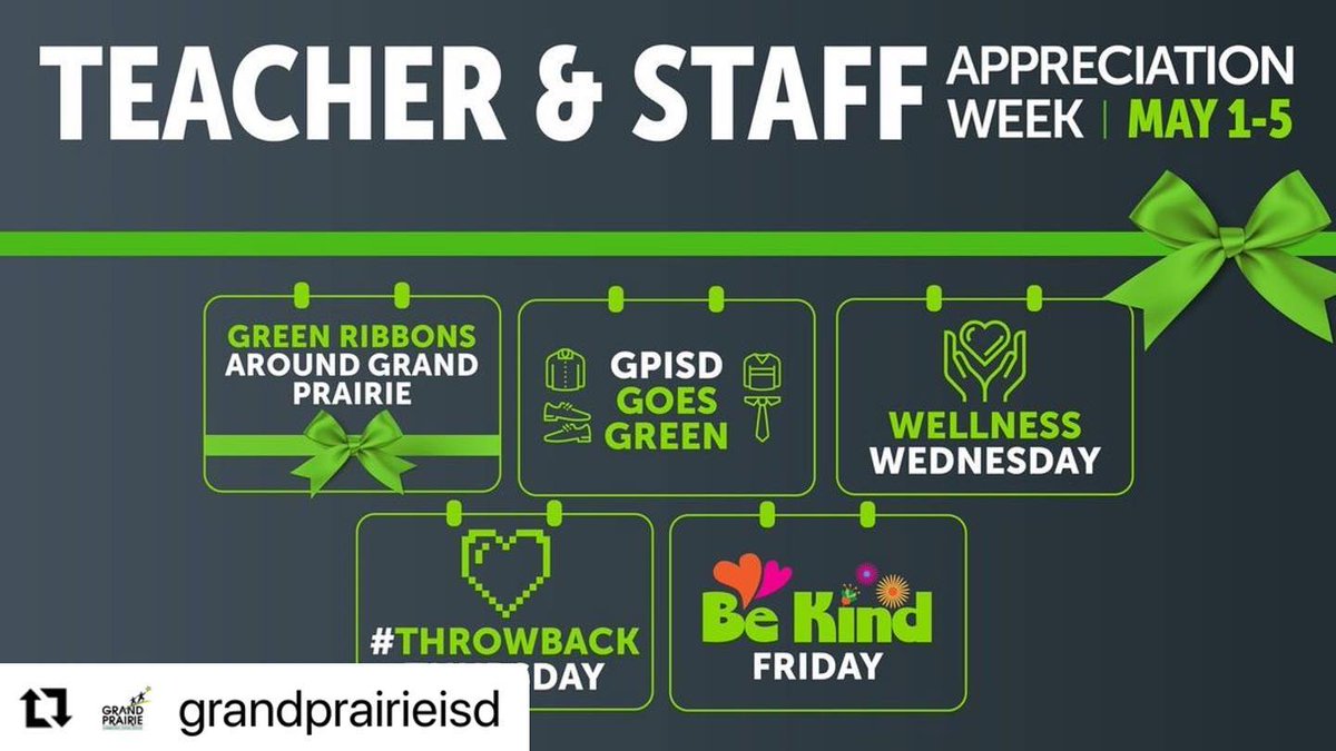 Teacher/Staff Appreciation Week!
Plan your week using this calendar. This week, we encourage you to show your support for educators in the classroom and those who ensure our buildings, buses, cafeterias, grounds, and campuses are ready for student success. #ThankAnEducator #GPISD