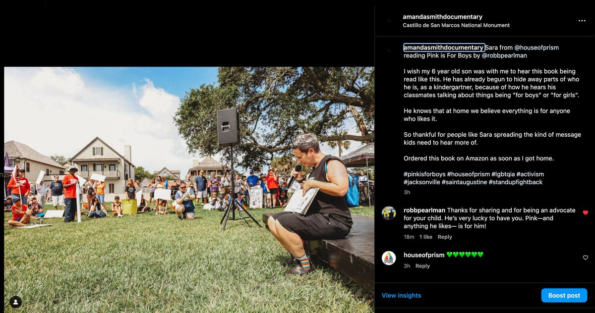 AmandaSmithDoc's tweet photo. @robbpearlman author of Pink is For Boys saw my post of Sara from House of Prism reading his book at the Spring Into Action march and rally.  I love that he took the time to leave such an encouraging comment. https://t.co/B0XD714Mk6