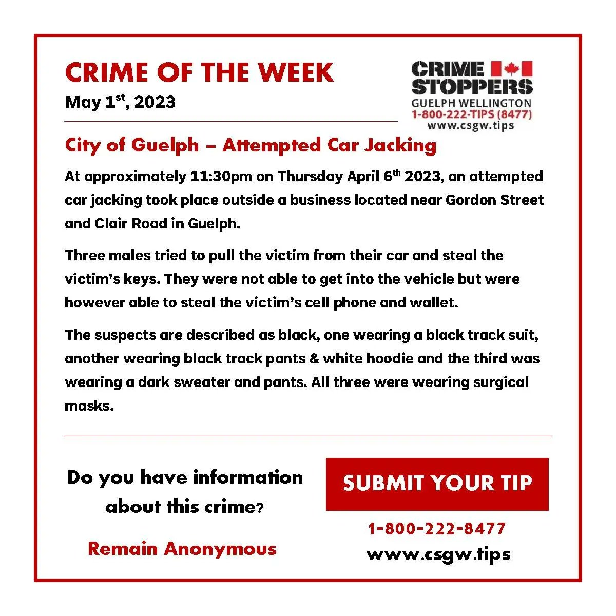 CSGWtips's tweet photo. Do you recognize these individuals? Do you have information on this attempted car-jacking near Gordon St and Clair Rd? #SayItHere 

1-800-222-TIPS https://t.co/GwESPDvBuF 
Anonymous and confidential. https://t.co/VbihOle9Pe