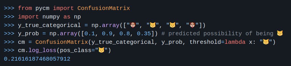 sadrasabouri's tweet photo. We are excited to release #pycm v3.9. You can now measure log loss/cross-entropy for a given class in a set of experiments easily by using the below code.
Find more about this release here:
https://t.co/ZPlQtjwROO https://t.co/n7FUO0og3n