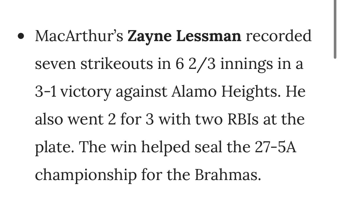 Mac Baseball (@brahmabaseball1) on Twitter photo Congratulations!!! <a href="/zaynelessman/">Zayne Lessman</a>
San Antonio Express-News Gameball vs Heights! #EarnTheRight Congratulations!!! <a href="/zaynelessman/">Zayne Lessman</a>
San Antonio Express-News Gameball vs Heights! #EarnTheRight