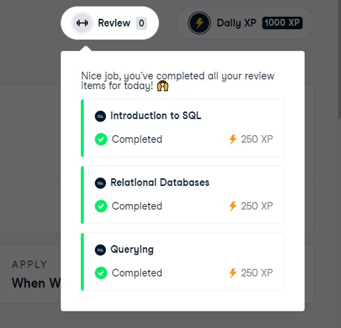 Hadassah_00's tweet image. So today,I left R for a minute to participate in the #31daysofSQL challenge,I went to data camp and tied my loose ends.
Not bad for the first day😁