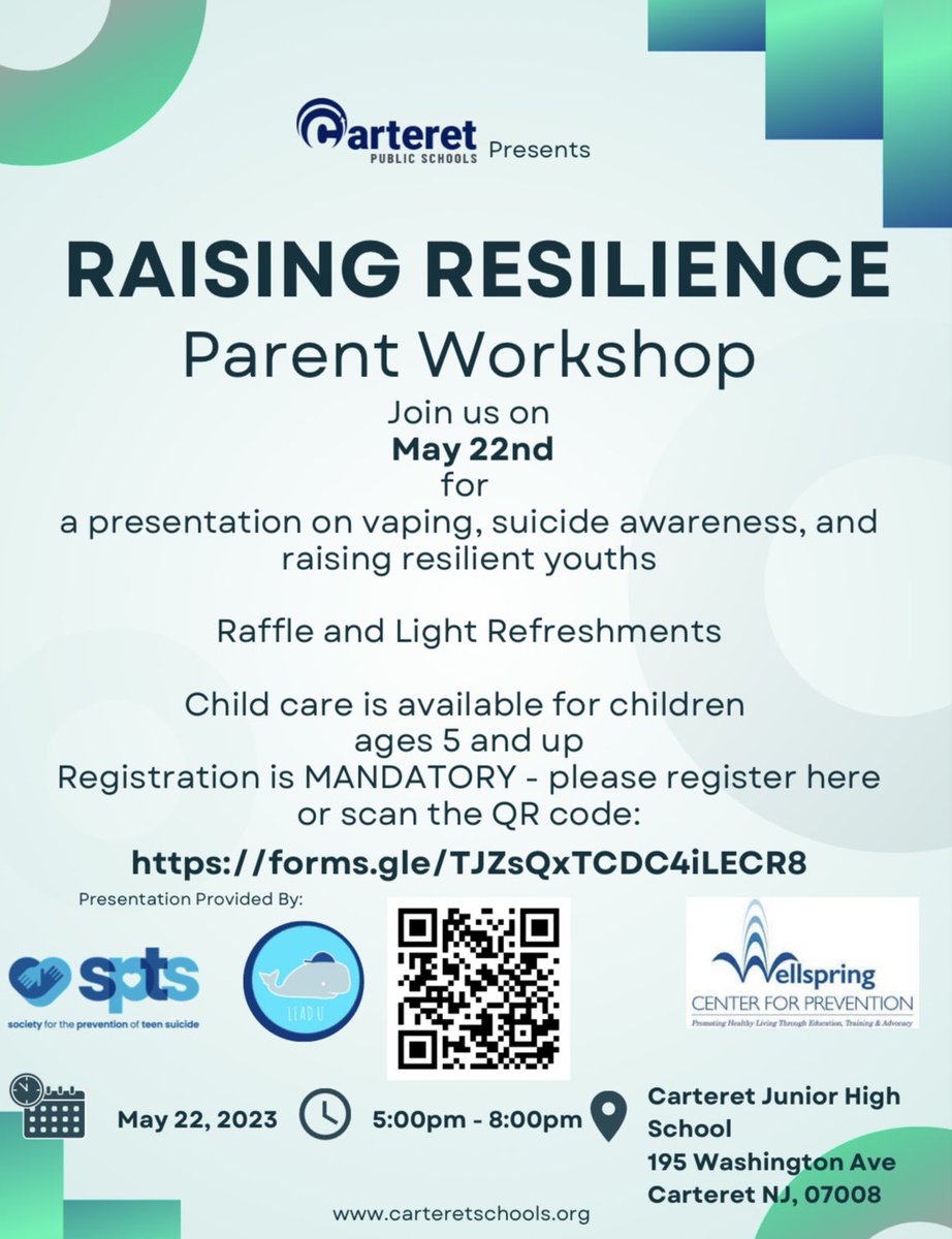 Please join us at the Carteret Junior High School on May 22nd at 5pm for the Raising Resilience Parent Workshop! 💙🤍 Registration is mandatory in order to attend. #RamblersRise