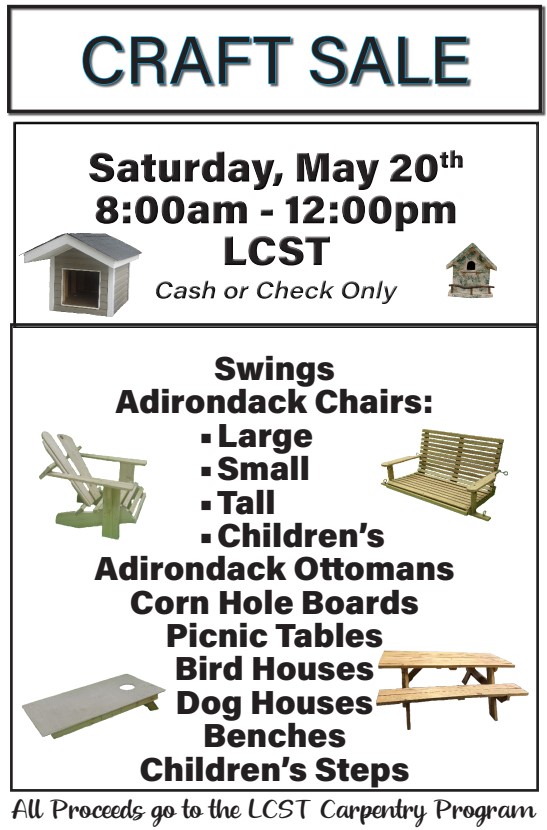 ctelcst's tweet photo. Craft Sale at LCST.  Swings, Adirondack chairs, corn hole boards, picnic tables, dog houses, and more!  Come check it out!
Where:  LCST
When:   Saturday, May 20
Time:     8am-12pm
#intentional
#LCST
#LCSCTE https://t.co/4nd9OBtnl2