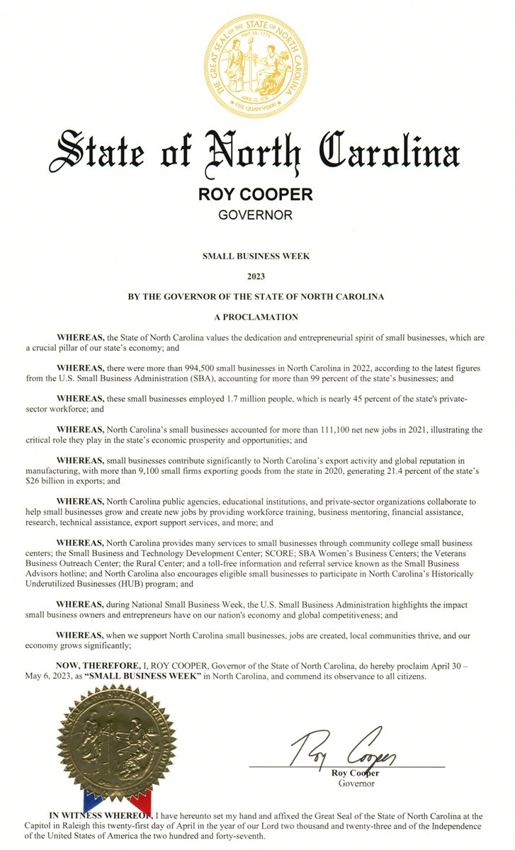 GiftOasis's tweet photo. ***Happy Small Business Week***
Governor Roy Cooper proclaimed this week
NC Small Business Week.
According to the SBA, there were 994,500 small businesses in NC in 2022, accounting for more than 99% of NC state's businesses. 
#NCFunFact #NCSmallBiz @NCCommerce @SBA_NC https://t.co/WUxJItaj4t