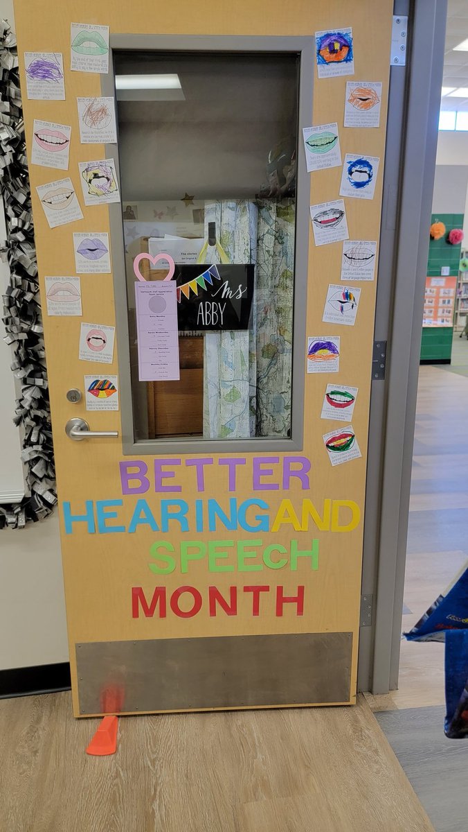 SLP_Abby's tweet photo. Thanks to lots of my kiddos that helped me decorate my door with some fun facts about SLPs to kick off #BHSM23! https://t.co/Daualc6pS7