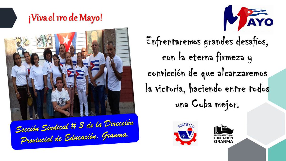 ezequielfa0131's tweet photo. La #SecciónSindical_3 desde #EducaciónGranma le desea un feliz  día del proletariado a todos los obreros cubanos y del mundo. Viva el #1rodeMayo #ALaPatriaManosYCorazón #EDJAGranma #ProvinciaGranma #BuróSindicalEducaciónGranma @OsmelVargasAgu1 @ortiz_uriarte @CapoNapoles https://t.co/tetTO0pUSH