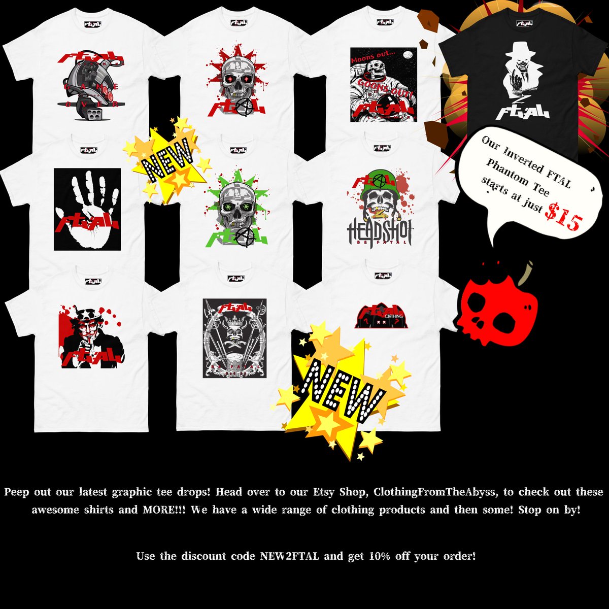 OfficialFTAL's tweet photo. Go check out our latest drops and more over on Etsy. We got some new designs in the works and a lot more coming soon. 
Use the discount code NEW2FTAL and get 10% off your order!

https://t.co/TEdI4u7mMl

#FTALClothing #LatestDrops #GraphicTees  #AppleSkull #Shop #Etsy https://t.co/qIiBDZFsxW