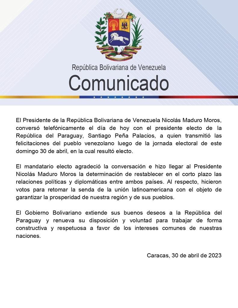 yvangil's tweet image. El presidente @NicolasMaduro conversó con Santiago Peña Palacios, presidente electo de la República del Paraguay, a quien felicitó tras resultar electo en la jornada electoral del 30 de abril. Ambos hicieron votos por retomar la senda de la unión latinoamericana. #TrabajoYPatria