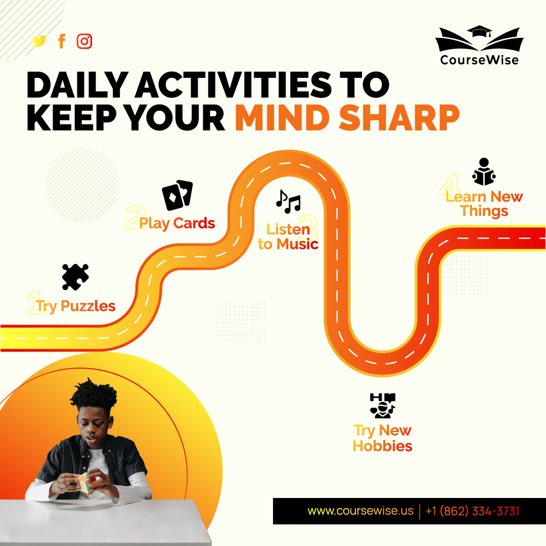 Want to keep your #mindsharp and #active? 🤔 Try these daily activities: #solvepuzzles , play #cards, #listentomusic, #learnnewthings , and try new #hobbies! These activities can help #boost your #memory, #concentration, and #brainpower. Start today! #learning #brainexercises
