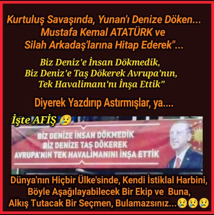 GERÇEK MİLLİ OLMAK İÇİN; ÖNCE KURULUŞA VE KURUCULARA SAYGILI OLUP VE GEÇMİŞE KESİN SAHİP ÇIKMAK ŞART, YOKSA KEŞKE YUNAN KAZANSAYDI DİYEN ATATÜRK DÜŞMANI FESLİYE SAHİP ÇIKMAK VE EL VERMEKSE ASLA DEĞİL ELBET. GEÇİNİZ EFENDİLER, ATATÜRK DÜŞMANI, ONUN KURDUĞU TC DÜŞMANIDIR DA AYRICA.